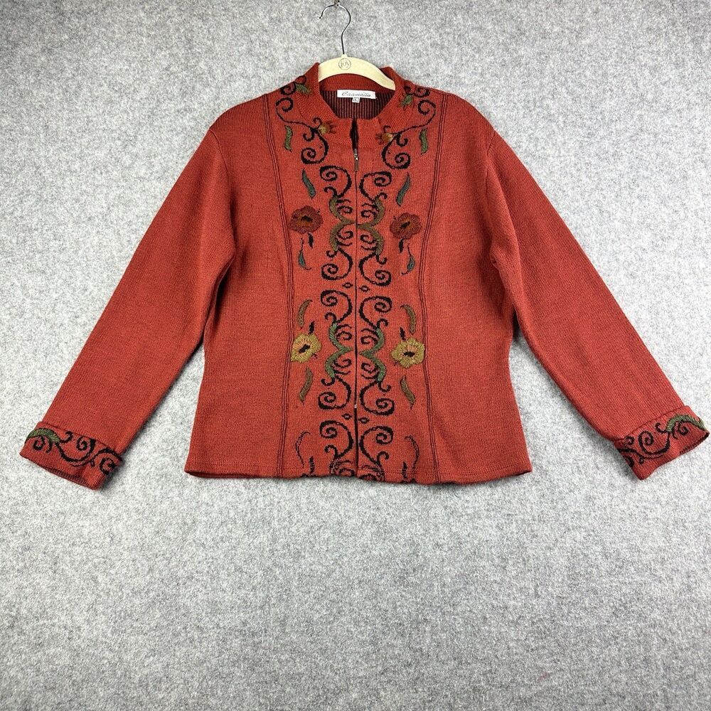 Caamano Sweater Womens L Alpaca Floral Embroidered Full Zip Cardigan Terracotta